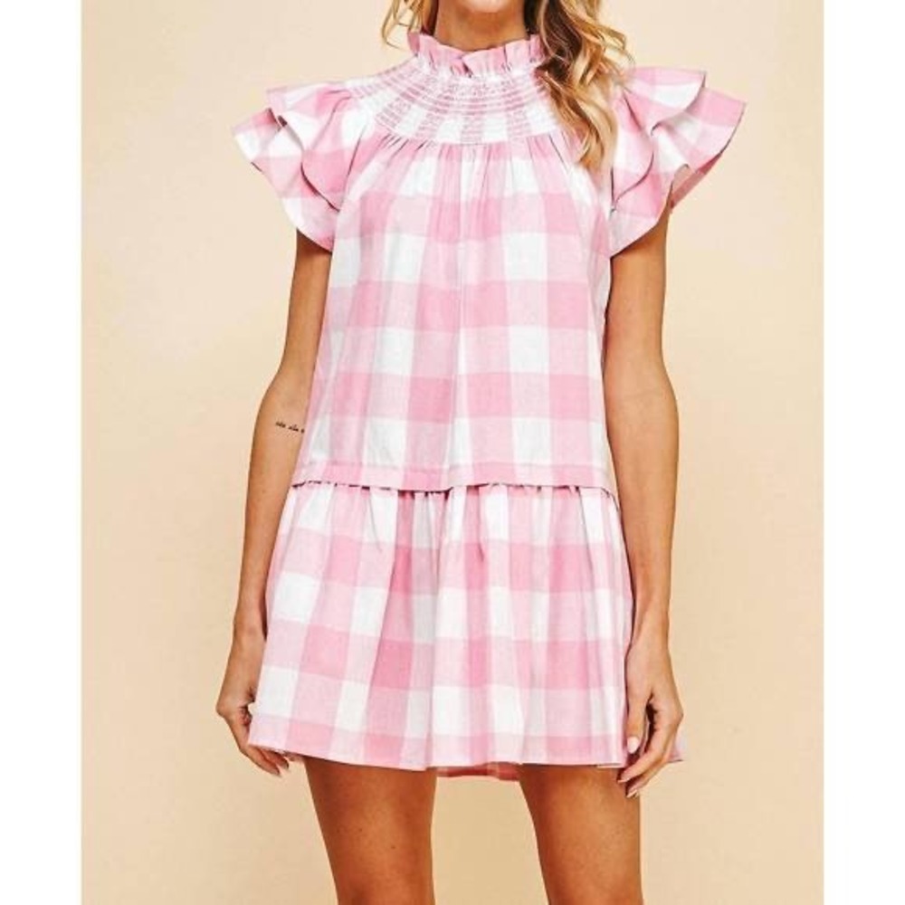 Pinch Pink White Gingham Plaid Smocked Neck Ruffle Sleeve Drop Waist Dress M